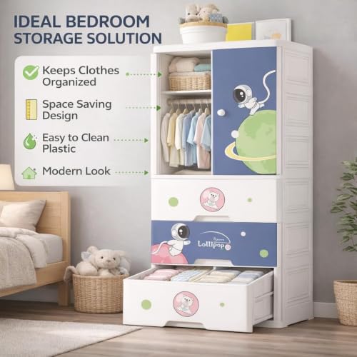 Image of Kids Plastic Collapsible Wardrobe Organizer for Storage with Drawers | Cute Cartoon Design | Heavy Duty Runner Rug Floor Mat Carpets Organizer Bedroom, Living Room (Sky-Blue, 1+3-Door)