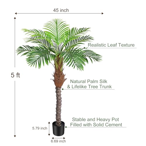 Image of 5ft Artificial Phoenix Palm Tree for Outdoor Indoor Decor, Faux Coconut Silk Palm Tree Tropical Fake Tree Plant for Outside Patio Indoor Home Office Bathroom Pool Coastal Decor (Set of 2)