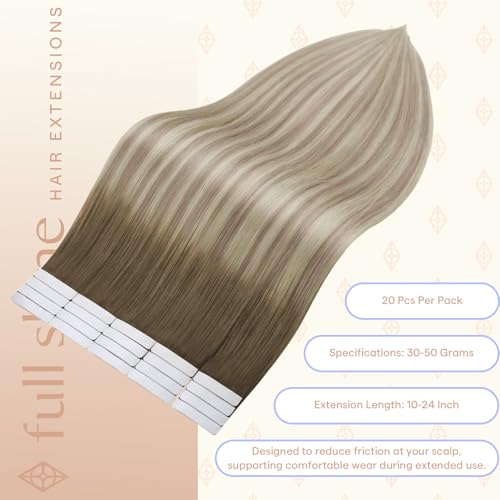 Image of Full Shine Tape in Hair Extensions, Ash Brown Blonde Ombre 14 Inch | 50g 20PCS, Seamless Skin Weft Tape Ins Human Hair Extensions, Double Sided Remy Finish Smooth Texture Daily Wear
