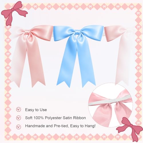 Image of 2 Strings of 16PCS Baby Pink&Baby Blue Bow Garlands Banner Decoration,Pre-Strung Satin Ribbon Ornaments for Gender Reveal Party,Baby Shower,Birthday,Bridal Shower,Graduation Decor,Anniversary,Wedding
