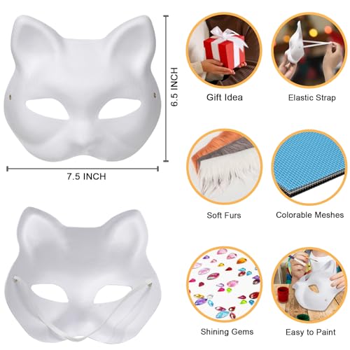 OPPKIE Cat Fox Mask 3PCS with Furs Eye Meshes and Gem Stickers, Therian Dress Up Masks to Paint, Animal Mask Arts Crafts Kit, Costume Masks for Halloween Masquerade Cosplay Party Interaction