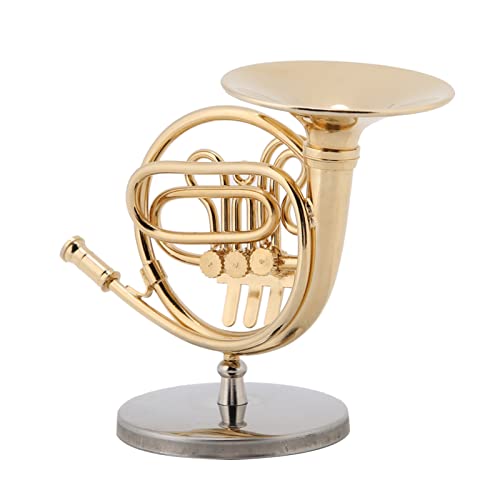 Cyrank Golden French Horn Model Ornament, Mini Musical Instrument Model Mini French Horn Display Ornament with Stand and Case Miniature Musical Replica Decoration