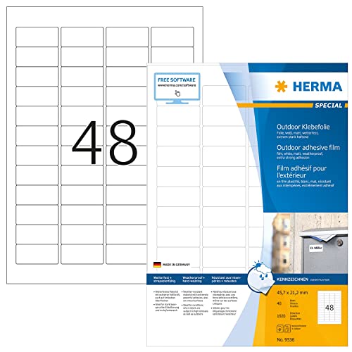 HERMA Etichette Impermeabili, 45,7 x 21,2 mm, Etichette Adesive A4 per Stampante, 48 Etichette per Foglio, Bianco