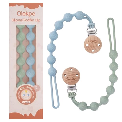 Image of Oiekpe Pacifier Clips for Baby Boys Girl - 100% Food Grade Silicone, One Piece Pacifier Clip Holder, Wooden Clips Design, Paci Clip Soothe Baby Binky Holder for Shower Birthday Gift(SE)