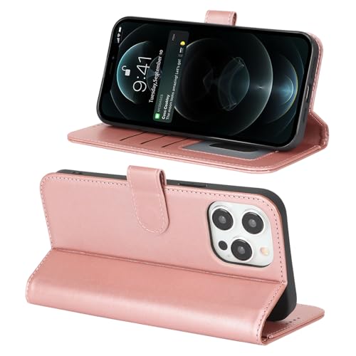 Image of for iPhone 13 Pro Max Case Wallet with Card Holder,for iPhone 12 Pro Max Wallet Case for Women Men,PU Leather Shockproof Magnetic Buckle Stand Flip Phone Case-Rose Gold