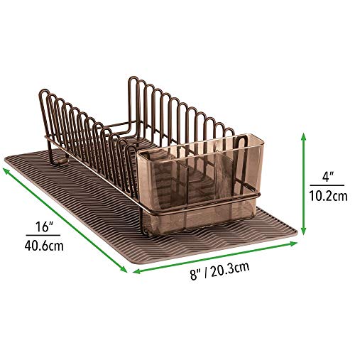 mDesign Compact Kitchen Countertop, Sink Dish Drying Rack and Silicone Drying Mat - Drain and Dry Wine Glasses, Bowls and Dishes - Set of 2 - Wire Drainer in Bronze with Brown Heat-Safe Mat - Thumbnail 6
