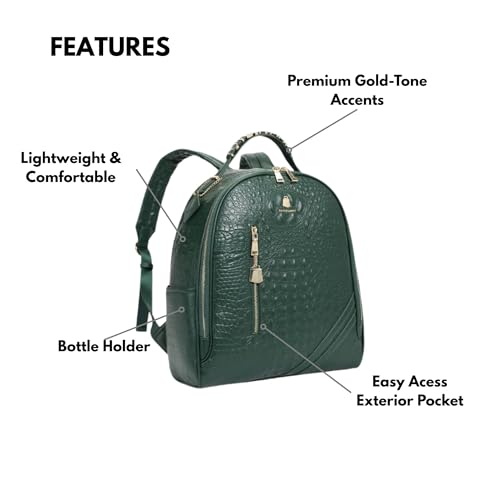 Image of Tote&Carry Apollo BFF Backpack for Women, Vegan Leather, Water-Resistant, Carry-On Luggage for Travel, Work & Daily Use (Alligator Skin, Emerald Green)