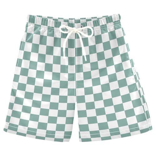 Green Teal White Checkered Boys Swim Trunks Kids Toddler Beach Board Shorts Teen Quick Dry Bathing Suit Swimsuit