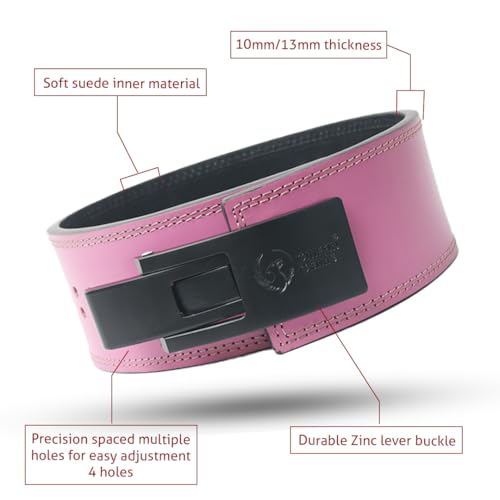 Image of 13mm Lever Powerlifting Belt - Pink Leather Gym Belt with Black Buckle - For Women- Weightlifting, Squats, Deadlifts - IPF Standard- Women (Pink Belt Black Buckle, S)