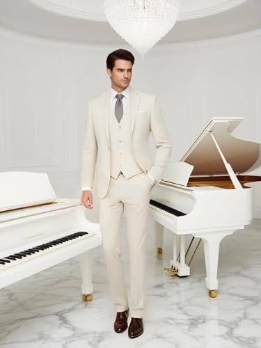 Cream 3 Piece Mens Suits Slim Fit Elegant Formal Suit Evening Dinner Party Suit Single Breasted Three Pieces Men's Suits 3 Piece Tuxedo Set Size 4XL2