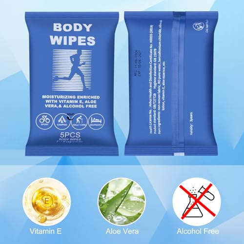 Image of 300 Body Wipes Individually Wrapped Face and Body Wipes for Women and Men | Bath Wipes for Adults No Rinse Personal Cleansing Wipes Travel,Bulk Deodorant for Homeless Shower Wipes (5Wipes /Pack,Blue)