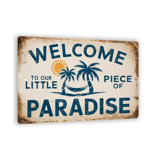Vintage Style Welcome Sign - 'Welcome to Our Little Piece of Paradise' 8' x 12' Distressed Look...