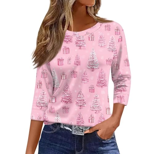 Womens Christmas Shirts Crew Neck Casual Tops Comfortable 3/4 Length Sleeve Blouse Tunic Christmas Printed Pullover