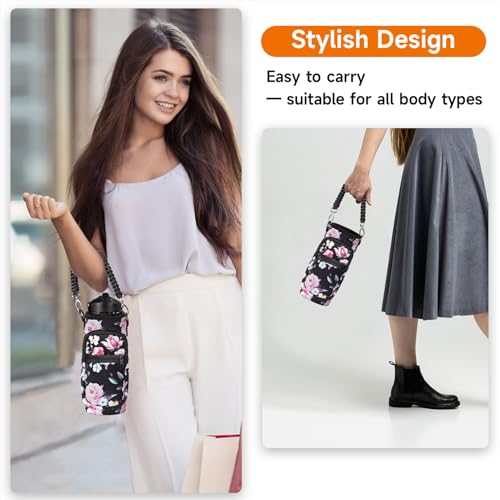 AceTreker Water Bottle Sleeve, 32 oz 40 oz Water Bottle Carrier with Strap & Paracord Handle, Neoprene Insulated Bottle Holder Sling Bag with Phone Pocket for Walking Hiking Sport-Black Flower - Thumbnail 3