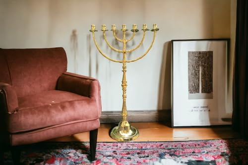 Giant Temple Menorah 7 Seven - Branch | 32-Inch (81cm) Solid Brass Candelabra | Large Gold Jewish Menora for Candles & Oil Cups - Thumbnail 5