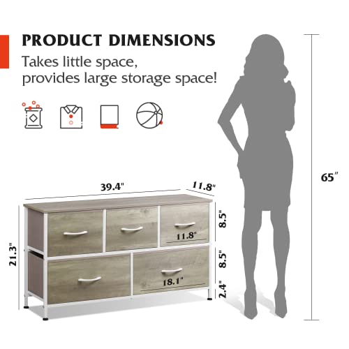 Wlive Dresser For Bedroom With 5 Drawers, Wide Chest Of Drawers, Fabric Dresser, Storage Organizer Unit With Fabric Bins For Closet, Living Room, Hallway, Nursery, Greige Oak #TOP2