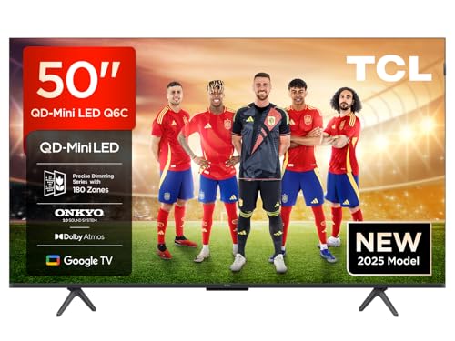 TCL 50Q6C 50”Classic QD-Mini LED Smart TV, 4K HDR Premium 1000nits, Powered by Google TV (Dolby Vision IQ & Atmos, Onkyo 2.1 Sound System, 144Hz Motion Clarity Pro, Voice Control), Q6C