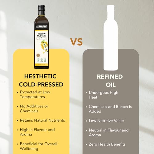 Image of HESTHETIC Cold Pressed Mustard (Sarson) Oil 500ml | Pure Sarson Ka Tel | Natural-Aroma Unrefined Cooking Oil for North Indian & Bengali Cuisine | German-Tech Single-Screw Press | Glass Jar