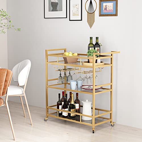 Lormiter Gold Bar Carts With 3 Tier Glass Shelves, Rolling Serving Bar Cart With Wine Rack And Glass Holder, Home Bar Carts & Wine Carts On Wheels For Kitchen, Indoor & Outdoor #TOP4