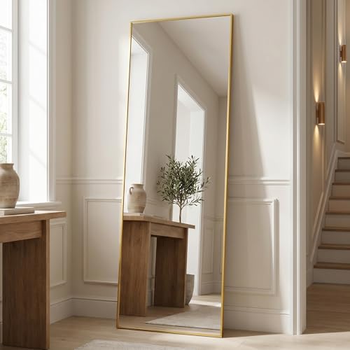 Image of BEAUTYPEAK Full Length Mirror, 58 inchx14 inch Standing Hanging or Leaning Against Wall Floor Mirrors Body Dressing Wall-Mounted for Living Room, Bedroom with Aluminum Alloy Thin Frame, Gold