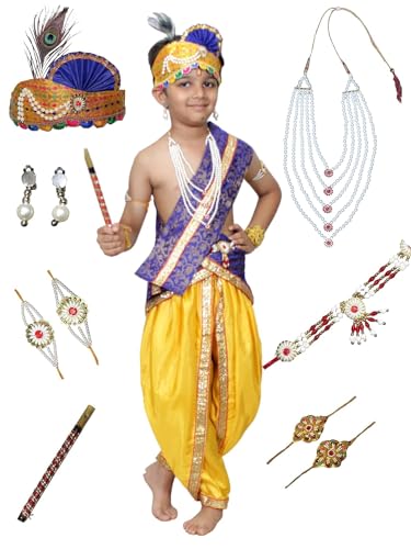 Image of Kaku Fancy Dresses Krishna Costume With Dhoti For Boy /Janmashtami /Bal Gopal Dress /Kanha Costume /Bal Krishna /Mythological Costume For Boy - Yellow-Red, 1-2 Years