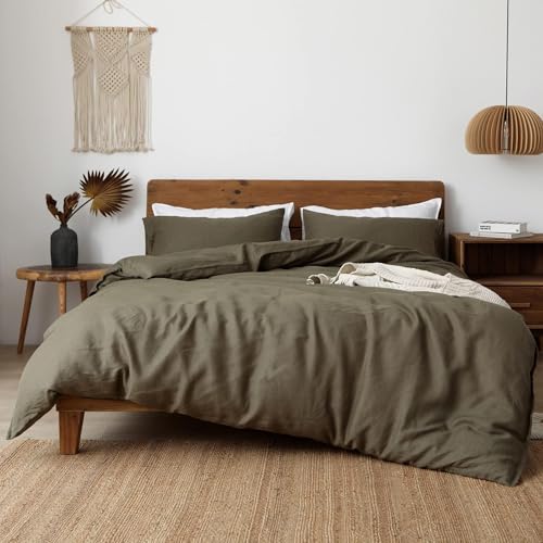 XZ XIFA 100% Natural French Flax Linen Duvet Cover King, Olive Green Cooling Duvet Cover Set,...