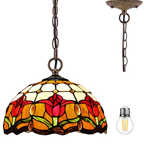 Tiffany Pendant Lighting for Kitchen Island Fixture 12" Red Stained Glass Tulip Flower Shade Industrial Boho LED Pendant Lamp Rustic Farmhouse Chandelier Swag Hallway Living Dining Room WERFACTORY