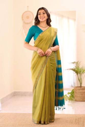 Image of Women's Cotton Woven Soft Sarees With Attach Blouse Piece.