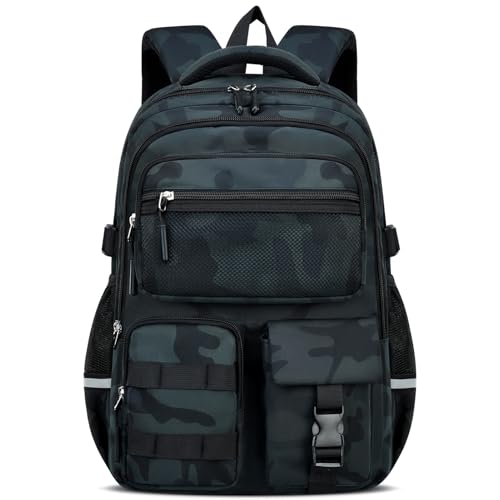 Amythe Schulrucksack Jungen Rucksack Kinder, 22L Atmungsaktiv Schultasche Grundschule für Junge 1-5. Klasse, Wasserabweisender Camouflage School Bag aus Oxford-Stoff, Grün