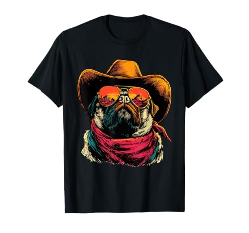 Lindo Carlino con Gafas de Sol Vaquero Perro Animal Puesta de Sol Occidental Camiseta