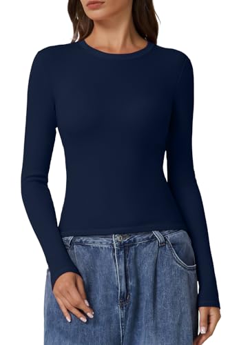 QINSEN Long Sleeve Shirts for Women Crewneck Rib Knit Slim Fit Going Out Tops Casual Basic Tee