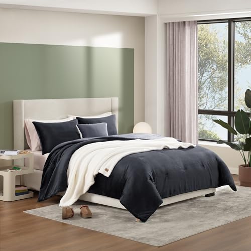 Image of UGG Remina Comforter Set 5 Piece Bed in a Bag with Throw Blanket, Decorative Pillow, Shams, and Reversible Comforter Hypoallergenic Washable Luxury Warm Fluffy Bedding Set, Full /Queen, Navy Blue