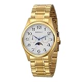 BERNY Orologio da uomo in oro con fasi lunari, orologio da polso al quarzo, multifunzione, facile da leggere, quadrante con numeri arabi, quadrante analogico, cassa in acciaio inox, sub-dail con data