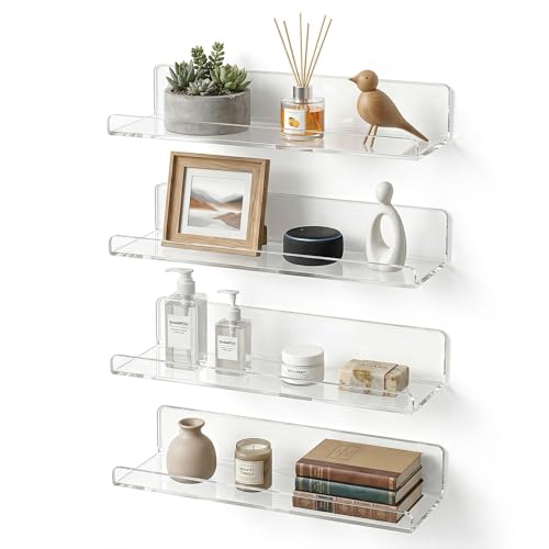 Image of Clear Acrylic Floating Shelves, No Drill Adhesive Wall Shelves, 4 Pack | Clear Acrylic Design; 4 Pack Wall Shelves; Adhesive Mount Only; No Drill Installation; 12 lb Max Load