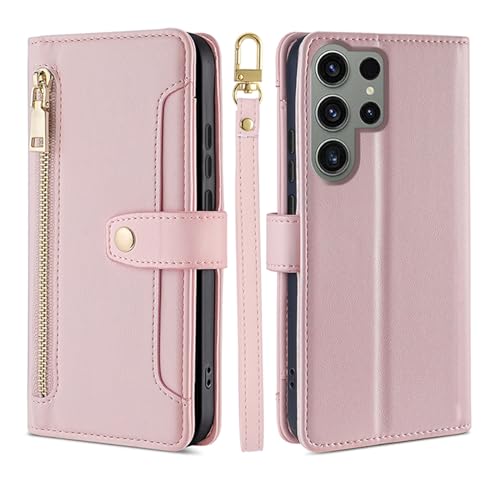 Étui portefeuille pour Samsung S24 Ultra avec bandoulière et pochette zippée en cuir PU