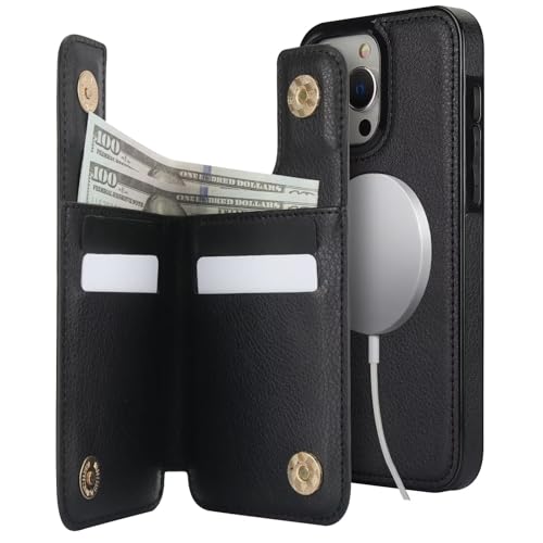 Coque iPhone 15 Pro en cuir premium noir, étui portefeuille magnétique amovible et antichoc