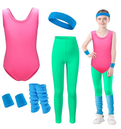 Kids 80s 90s Workout Costume for Girls Neon Party Halloween Cosplay 5Pcs Set Pink 8-9 Years
