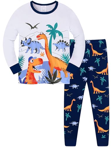 TCWWBB Kinder Schlafanzug Jungen Langarm Zweiteilig Pyjama Set Dinosaurier Bagger Moster Truck Baumwolle Winter Schlafanzüge Nachtwäsche Größe 2-8...
