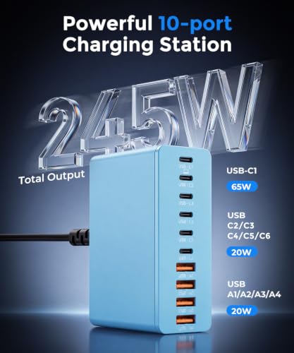 Image of USB C Charging Station 10 Port with 4 Cables,245W GaN Charger Block | Type C Wall Charger Power Strip Adapter Plug for iPad iPhone17 16 15 14 13 12 Pro Max Pixel Note Galaxy Blue