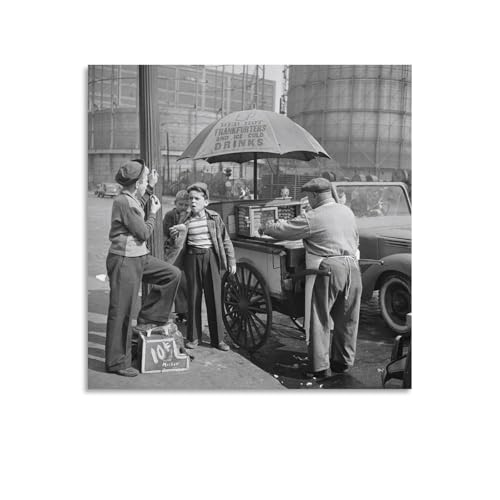 Hot Dog Cart - 1930s Black And White Poster Vintage New York Wall Art Home Aesthetic Decor Canvas Print Canvas Art Poster And Wall Art Picture Print Modern Family Bedroom Decor Posters 12x12inch(30x30