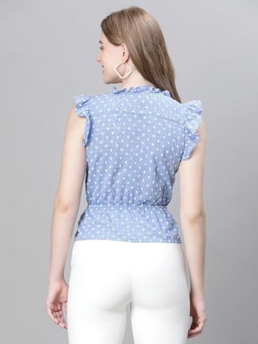 Image of oxolloxo Women Floral Print Ruffle Detailed Pleated Elasticated Tie-Up Short Sleeve Cotton Top