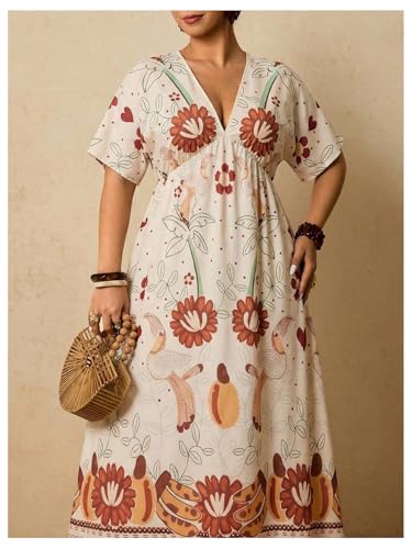 Image of Floerns Women's Plus Size Boho Hawaiian Tropical Dresses V Neck Short Sleeve Floral A Line Long Dress Vacation Beach Outfits