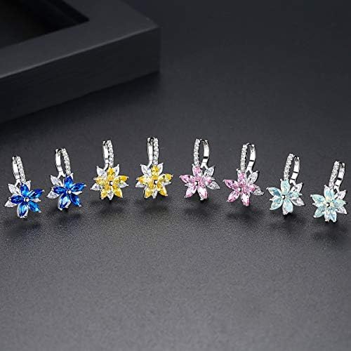 Jösva Silver Hoop Earrings for Women, White Gold Plated Double Flower Hoop Earring with Cubic Zirconia, Hypoallergenic Crystal Hoop Earrings, Size:13mm * 22mm, Color: Blue, Gift for Christmas