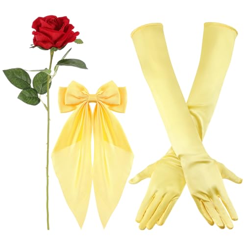 Preboun Princess Costume Accessories Yellow Bow Hairband Gloves Rose Flower Kit for Halloween Dress up Cosplay Birthday Party(Adult)