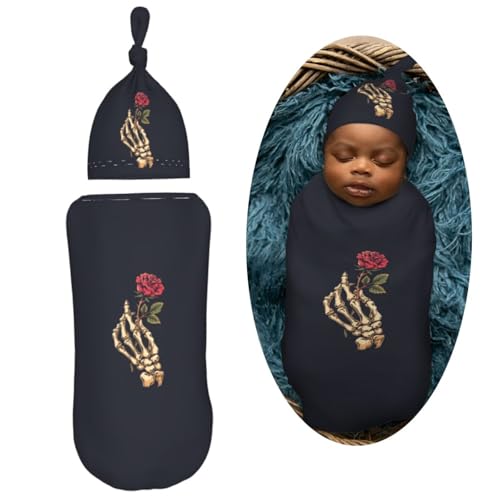 Image of Skeleton Hand Holding Rose Newborn Swaddle Blanket with Beanie Set Soft Baby Sack Stretch Adjustable Swaddle Wraps Receiving Blankets