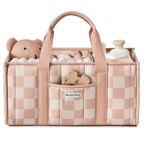 Image of Blissful Diary Checkered Diaper Caddy Organizer, Stylish Nursery Storage Basket, Gift for Baby Shower, Newborn Essentials, Registry Search Must Haves, Pink