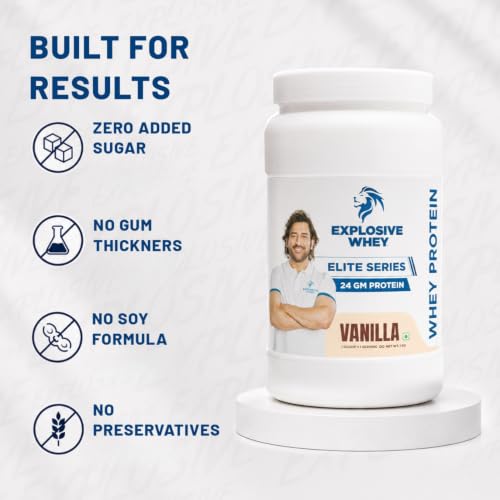 Image of Explosive Whey Elite Series Whey Protein - Trusted by M.S. Dhoni | 24g Protein per Scoop | Premium Concentrate Sport Supplement for Enhanced Muscle Growth and Recovery | Vanilla - 1kg (30 Servings)