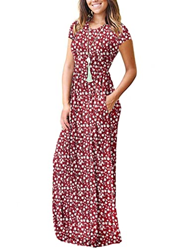 Image of MISFAY Women's Short Sleeve Maxi Dresses Long Casual Dresses with Pockets | Empire Elastic Waist, Crew Neck, Floor Length, Strentchy Flowy A Line Fit, Loose Plain Summer Outfits, Vacation Wear