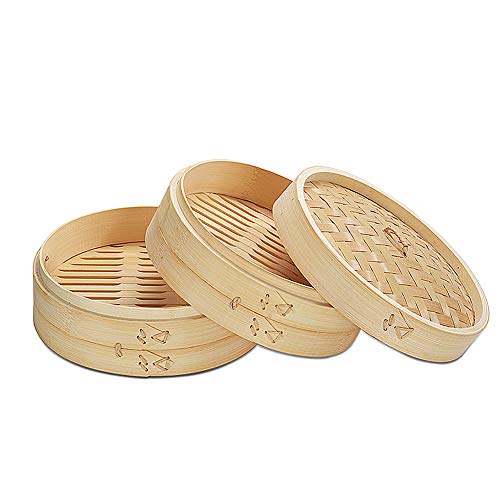 3 Piezas Bambú Buque De Vapor Conjunto - Incluido Dos Buque De Vapor Cesta Y Una Tapa Para Arroz, Vegetales, Bollos, Albóndigas, Pez, Carne Y Dim Sum, 28Cm