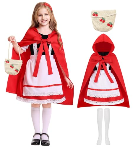 Miulruma Costume de petit chaperon rouge pour enfant - Robe de conte de fées magique avec cape, panier et chaussettes - Pour carnaval et carnaval - A064XL